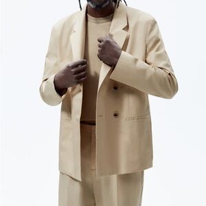 Zara Men's Light Camel Cotton Double Breasted Poplin Suit Blazer